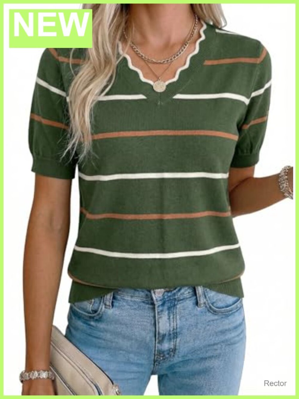 Womens Short Sleeve Knit Sweater Striped V-Neck Pullover Top